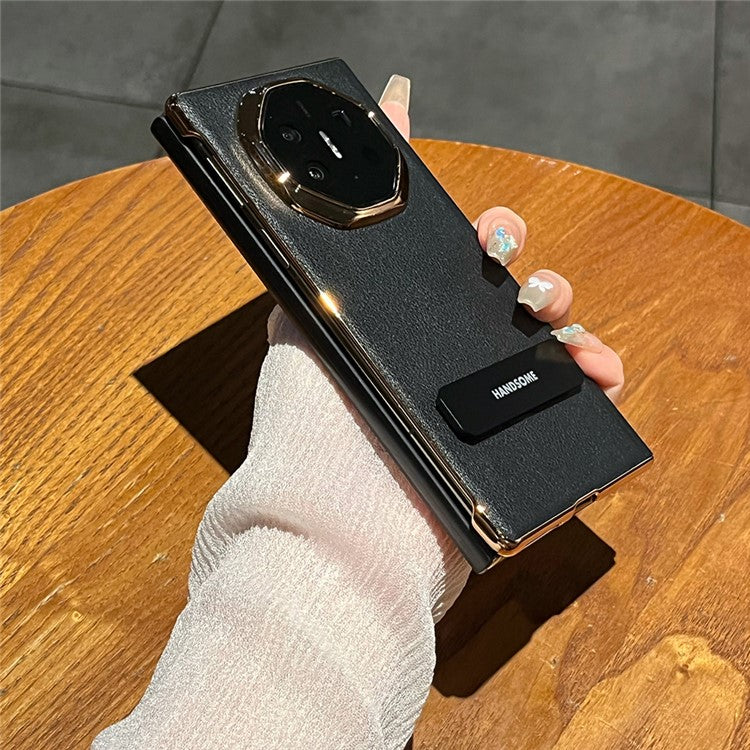 For Huawei Mate XT Ultimate Case Kickstand Electroplating PU Leather+PC Phone Cover - Black