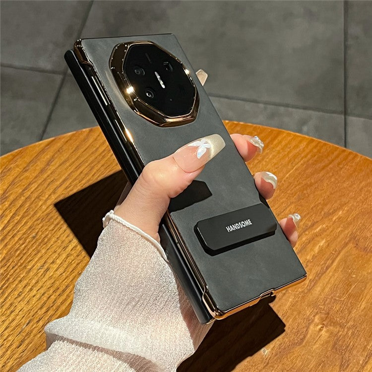 For Huawei Mate XT Ultimate Case Sheepskin Leather+PC Kickstand Phone Cover - Black