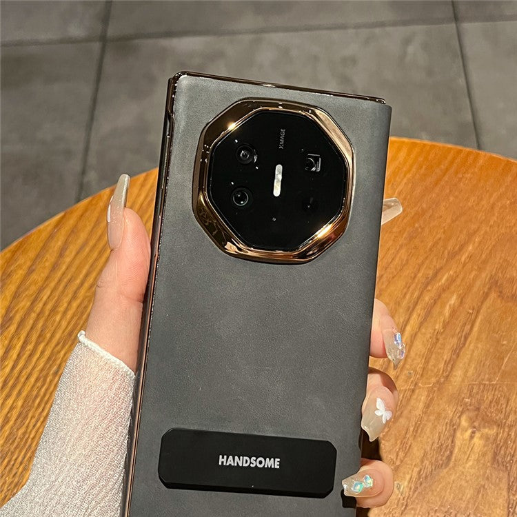 For Huawei Mate XT Ultimate Case Sheepskin Leather+PC Kickstand Phone Cover - Black