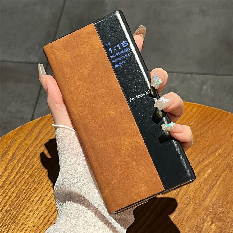 For Huawei Mate XT Ultimate Case Sheepskin Leather+PC Kickstand Phone Cover - Brown