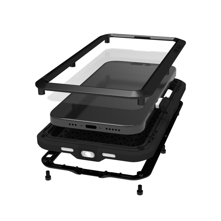 LOVE MEI For iPhone 16 Case Tempered Glass Screen Protector Metal+Silicone Phone Cover - Red