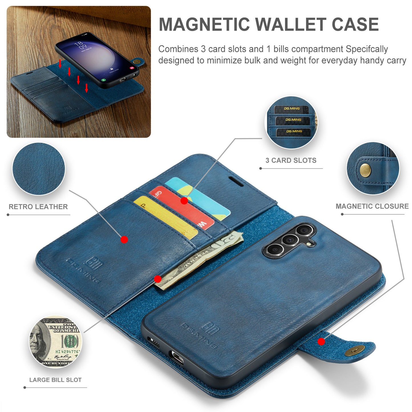 DG.MING for Samsung Galaxy A16 5G / A16 4G Case Detachable Split Leather Phone Cover - Blue