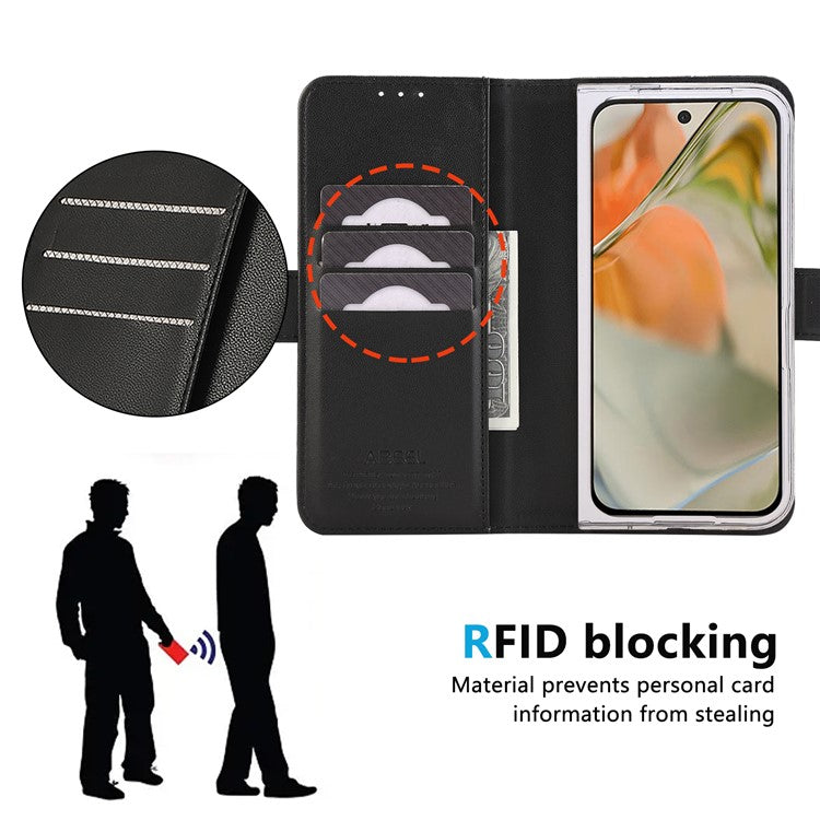 ABEEL Style A02 For Google Pixel 9 Pro Fold 5G Stand Case PC+PU Leather RFID Blocking Wallet Phone Cover - Black