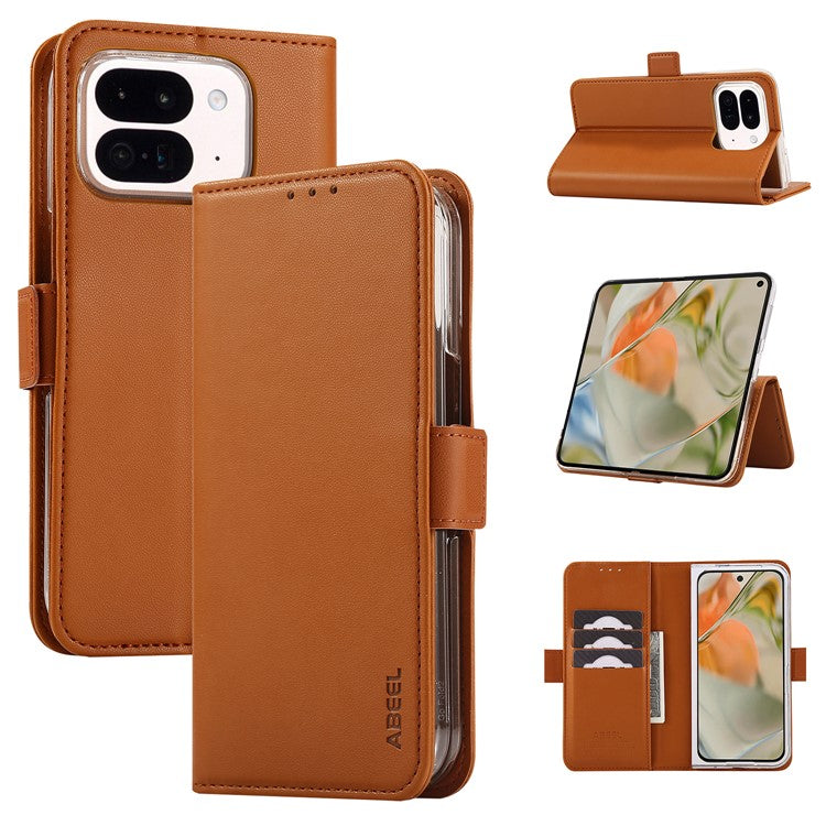 ABEEL Style A02 For Google Pixel 9 Pro Fold 5G Stand Case PC+PU Leather RFID Blocking Wallet Phone Cover - Khaki