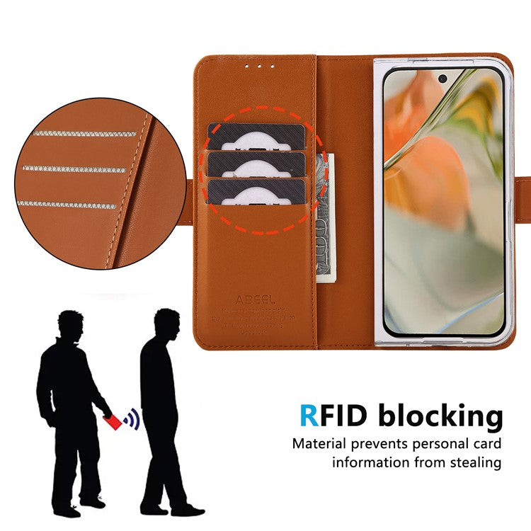 ABEEL Style A02 For Google Pixel 9 Pro Fold 5G Stand Case PC+PU Leather RFID Blocking Wallet Phone Cover - Khaki