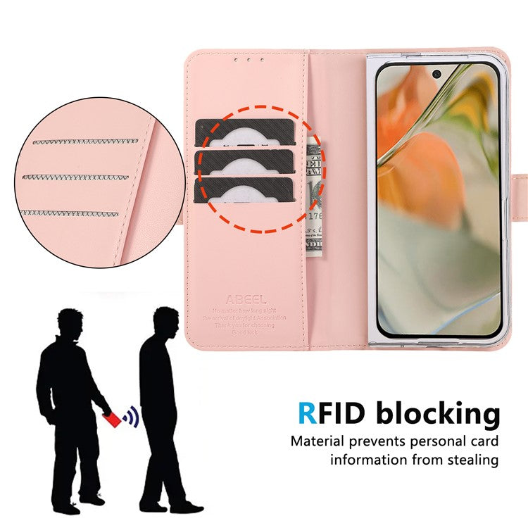 ABEEL Style A02 For Google Pixel 9 Pro Fold 5G Stand Case PC+PU Leather RFID Blocking Wallet Phone Cover - Pink