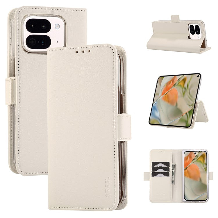 ABEEL Style A02 For Google Pixel 9 Pro Fold 5G Stand Case PC+PU Leather RFID Blocking Wallet Phone Cover - White