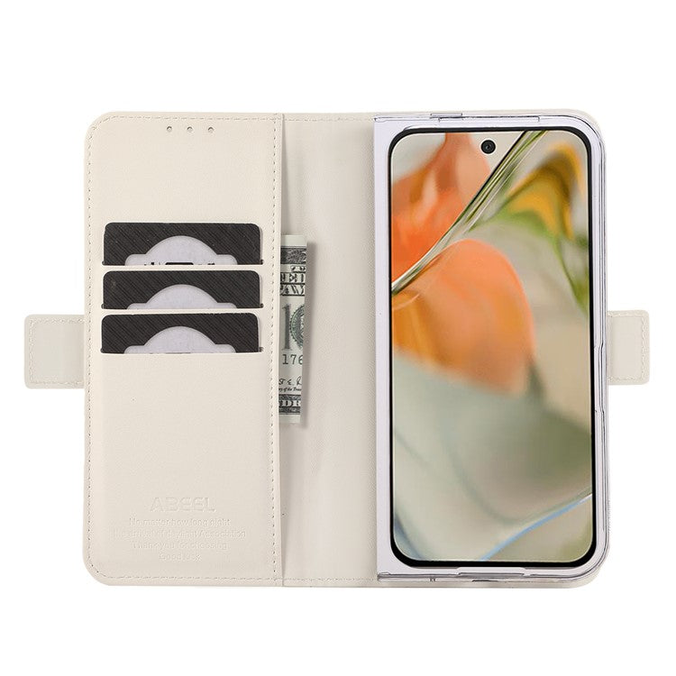 ABEEL Style A02 For Google Pixel 9 Pro Fold 5G Stand Case PC+PU Leather RFID Blocking Wallet Phone Cover - White