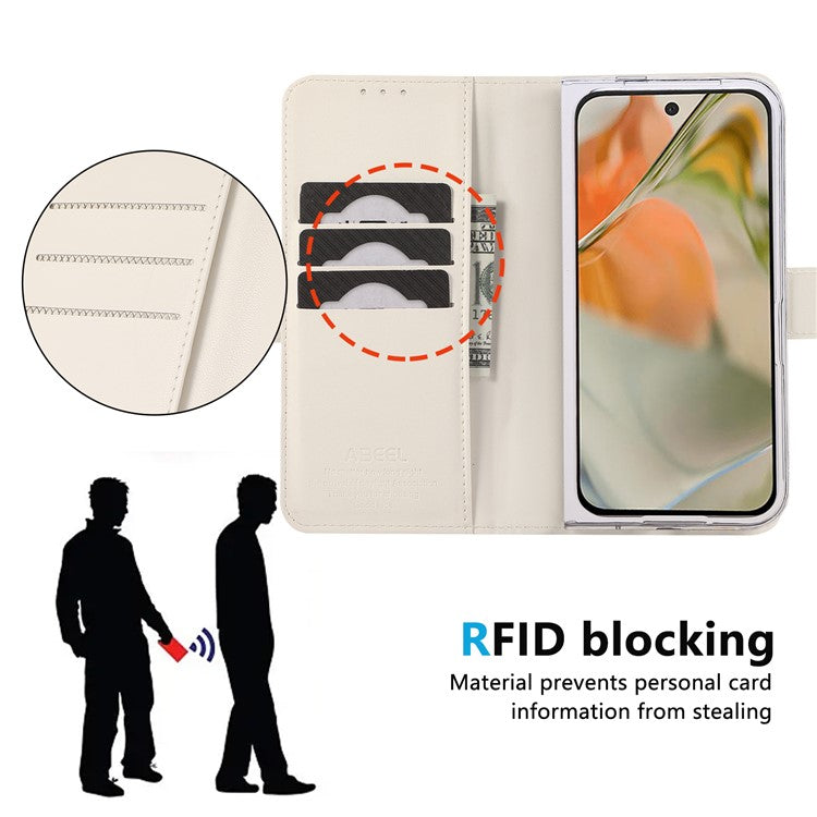 ABEEL Style A02 For Google Pixel 9 Pro Fold 5G Stand Case PC+PU Leather RFID Blocking Wallet Phone Cover - White