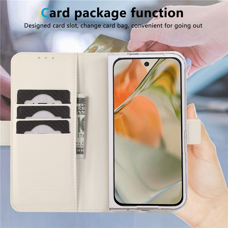 ABEEL Style A02 For Google Pixel 9 Pro Fold 5G Stand Case PC+PU Leather RFID Blocking Wallet Phone Cover - White