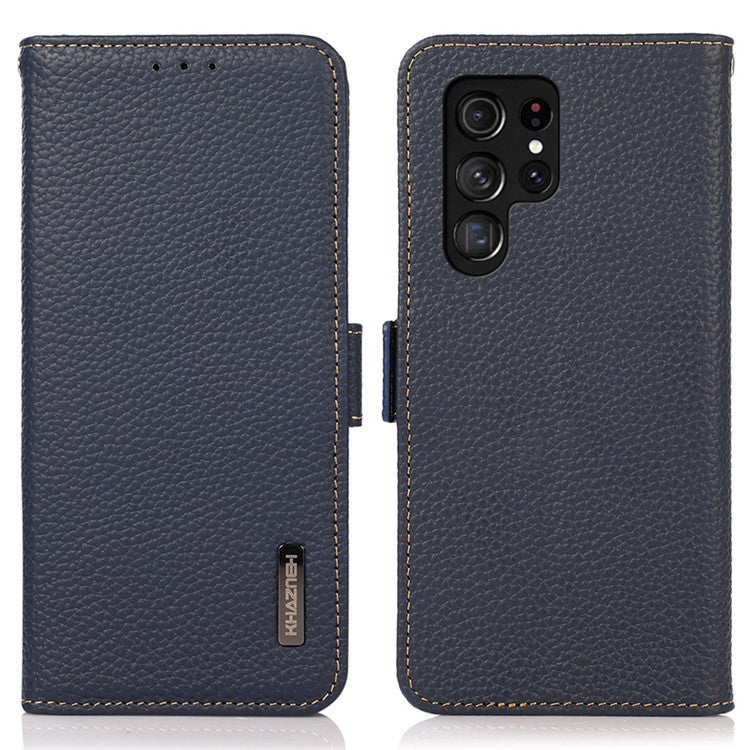 KHAZNEH For Samsung Galaxy S25 Ultra Phone Case Genuine Cow Leather Cover RFID Blocking - Blue