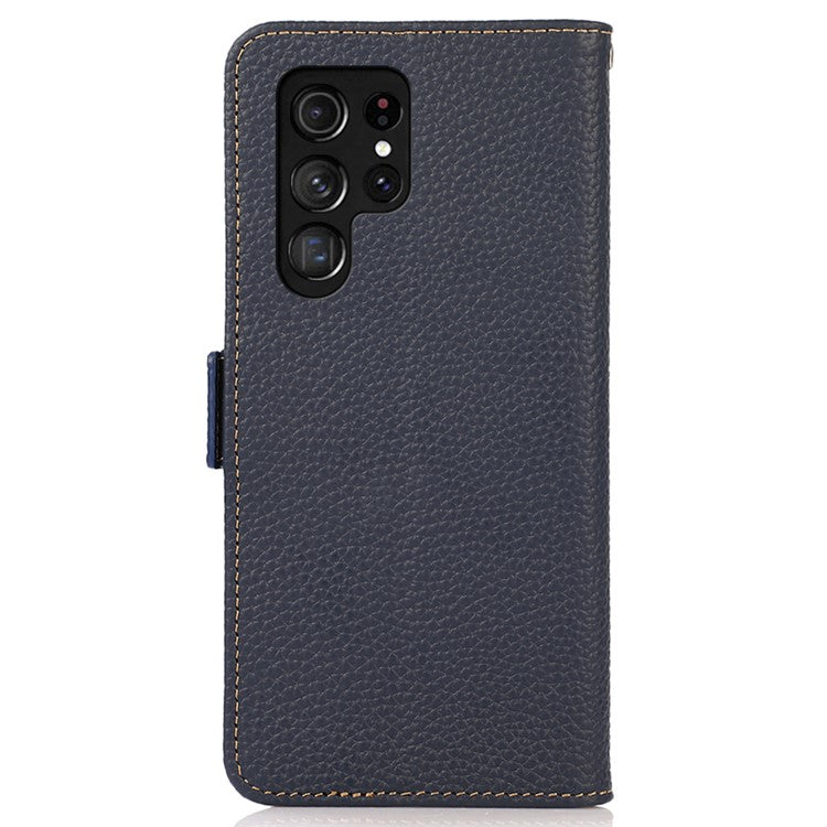 KHAZNEH For Samsung Galaxy S25 Ultra Phone Case Genuine Cow Leather Cover RFID Blocking - Blue