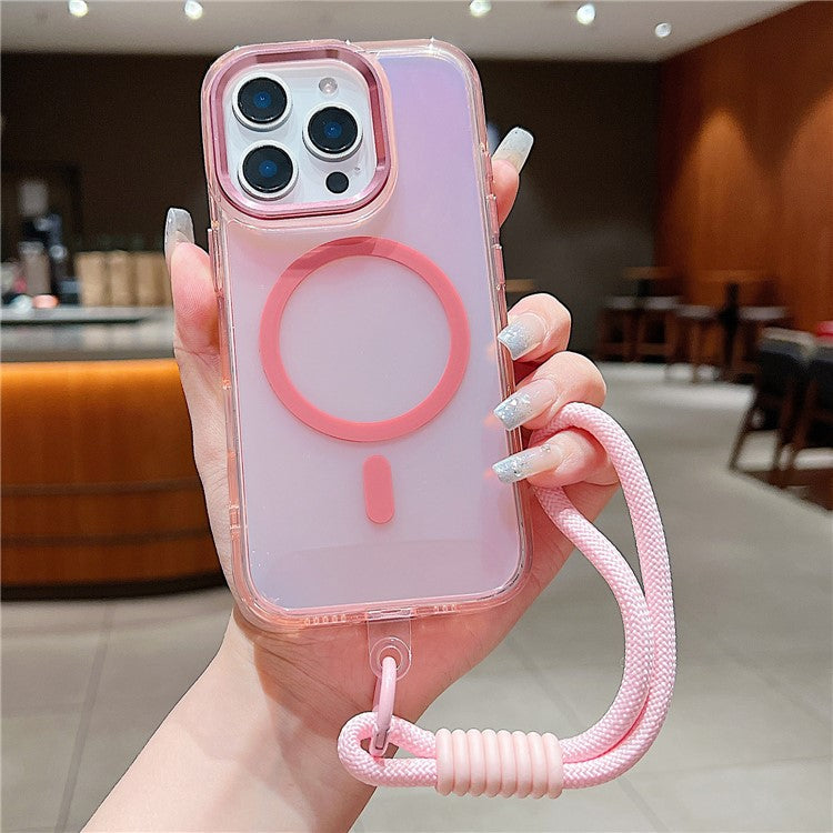 For iPhone 16 Pro Case Compatible with MagSafe Chameleon Design TPU+PC Phone Cover with Wrist Strap - Pink
