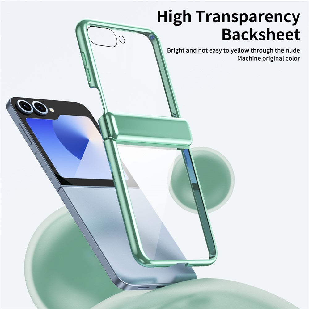 For Samsung Galaxy Z Flip7 FE 5G / Z Flip6 5G Case with Rear Screen Film Hinge Protection Electroplating Clear PC Phone Cover - Green