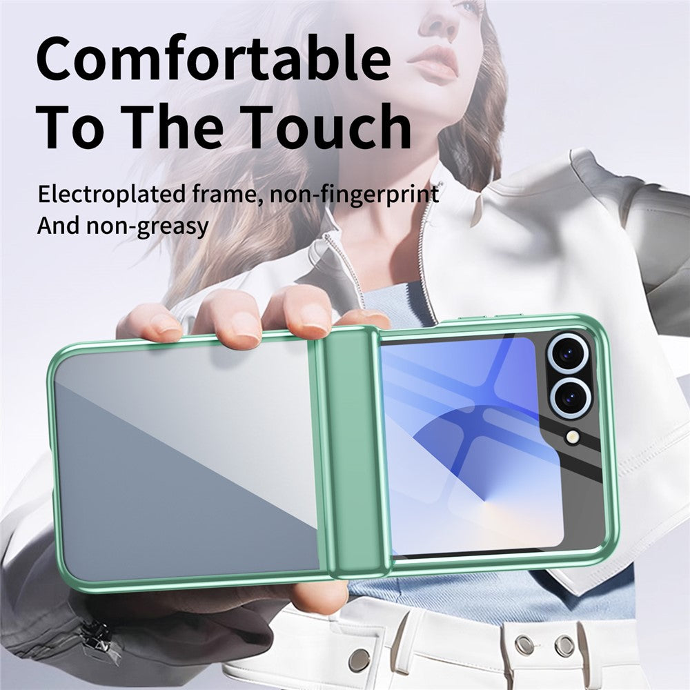 For Samsung Galaxy Z Flip7 FE 5G / Z Flip6 5G Case with Rear Screen Film Hinge Protection Electroplating Clear PC Phone Cover - Green