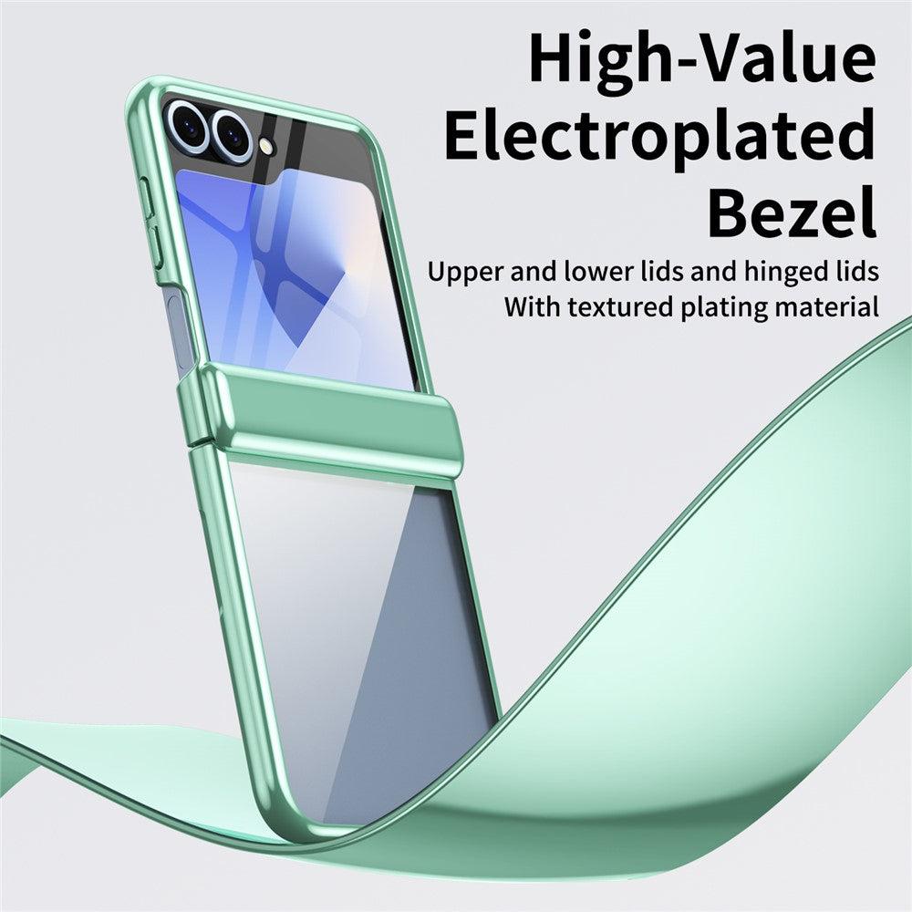 For Samsung Galaxy Z Flip7 FE 5G / Z Flip6 5G Case with Rear Screen Film Hinge Protection Electroplating Clear PC Phone Cover - Green