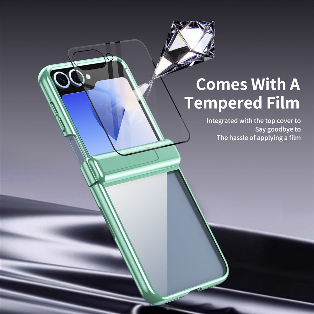 For Samsung Galaxy Z Flip7 FE 5G / Z Flip6 5G Case with Rear Screen Film Hinge Protection Electroplating Clear PC Phone Cover - Green
