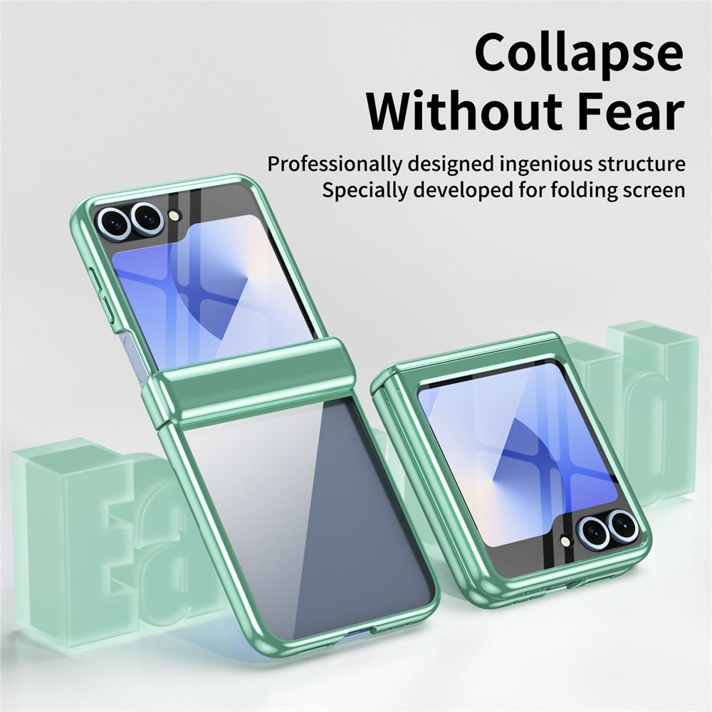 For Samsung Galaxy Z Flip7 FE 5G / Z Flip6 5G Case with Rear Screen Film Hinge Protection Electroplating Clear PC Phone Cover - Green