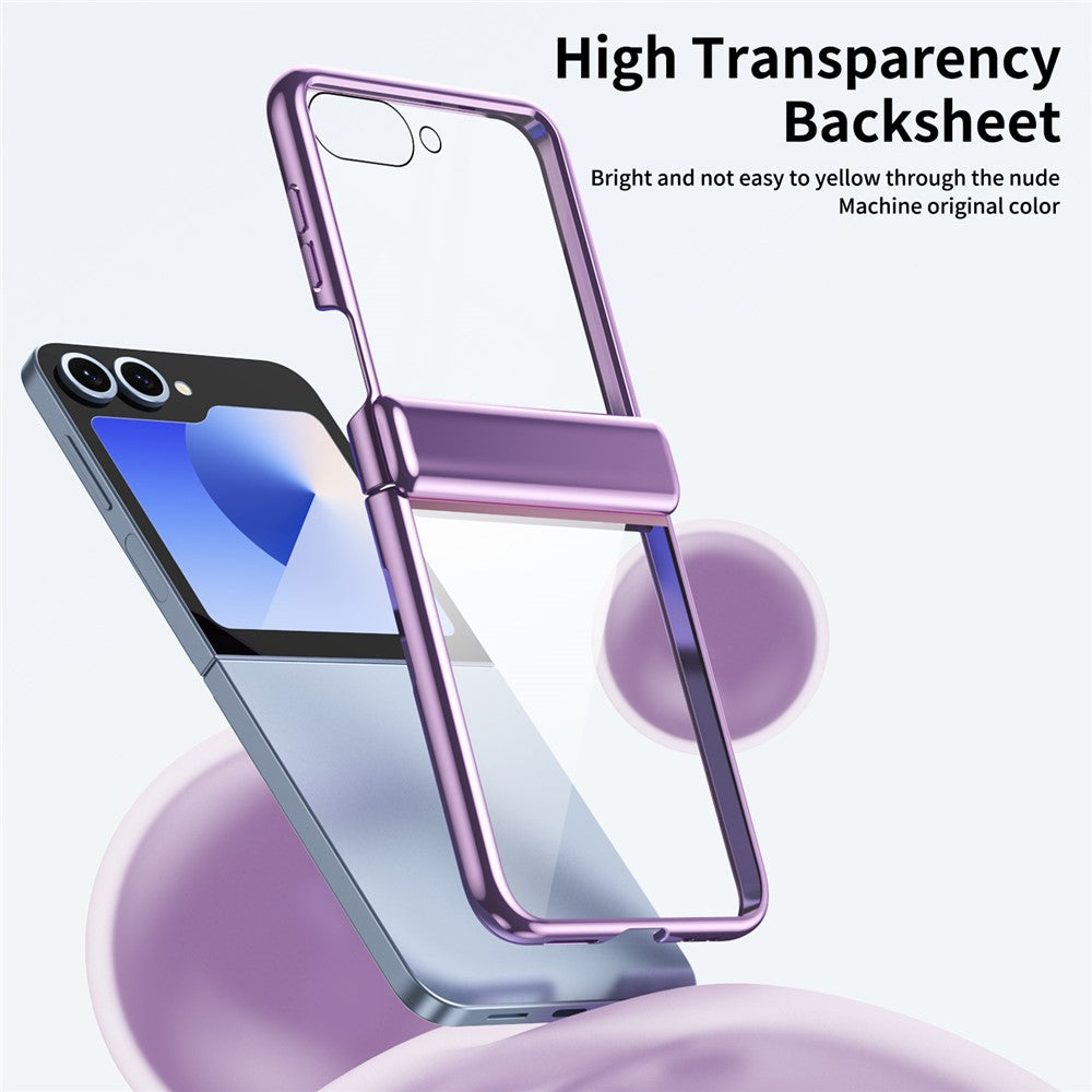 For Samsung Galaxy Z Flip7 FE 5G / Z Flip6 5G Case with Rear Screen Film Hinge Protection Electroplating Clear PC Phone Cover - Purple