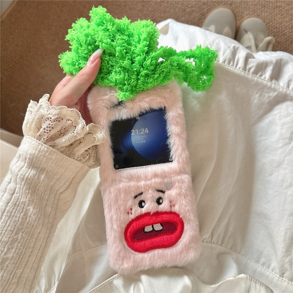 KJS-022 For Samsung Galaxy Z Flip7 FE 5G / Z Flip6 5G Case Bucktooth Green Hair Lens Kickstand Hard PC Warm Plush Phone Cover - Pink