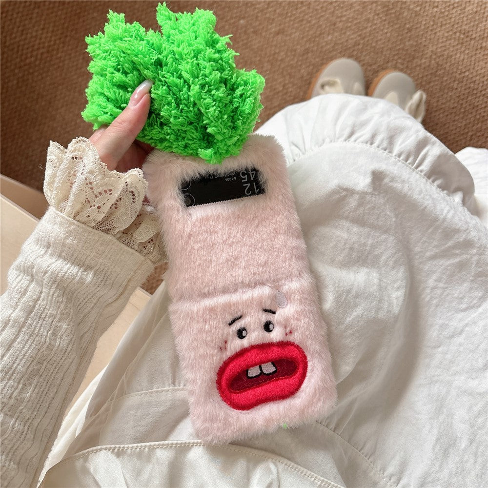 KJS-022 For Samsung Galaxy Z Flip7 FE 5G / Z Flip6 5G Case Bucktooth Green Hair Lens Kickstand Hard PC Warm Plush Phone Cover - Pink