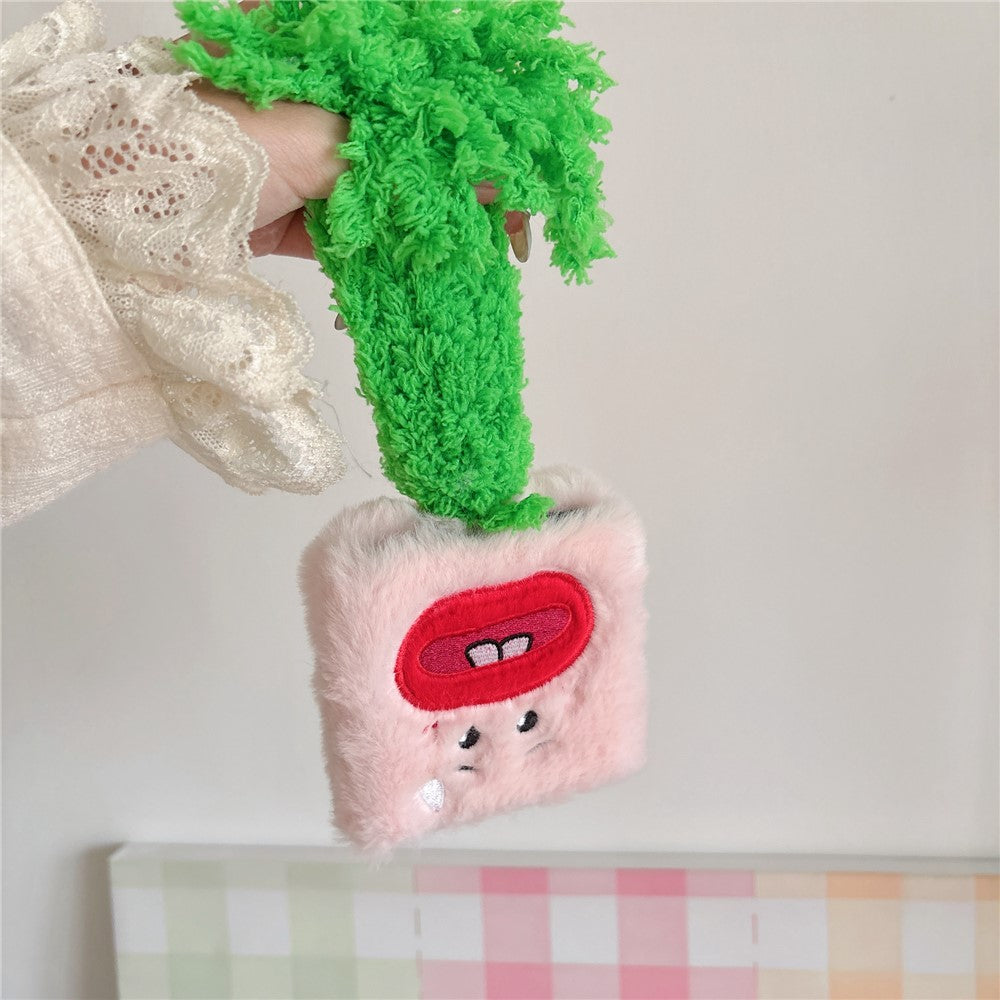 KJS-022 For Samsung Galaxy Z Flip7 FE 5G / Z Flip6 5G Case Bucktooth Green Hair Lens Kickstand Hard PC Warm Plush Phone Cover - Pink