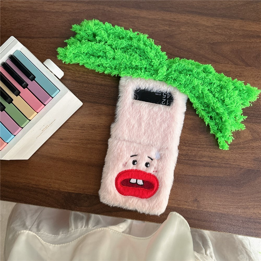 KJS-022 For Samsung Galaxy Z Flip7 FE 5G / Z Flip6 5G Case Bucktooth Green Hair Lens Kickstand Hard PC Warm Plush Phone Cover - Pink