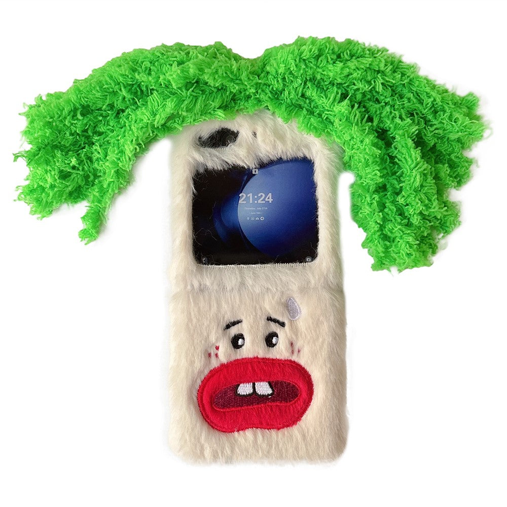 KJS-022 For Samsung Galaxy Z Flip7 FE 5G / Z Flip6 5G Case Bucktooth Green Hair Lens Kickstand Hard PC Warm Plush Phone Cover - White