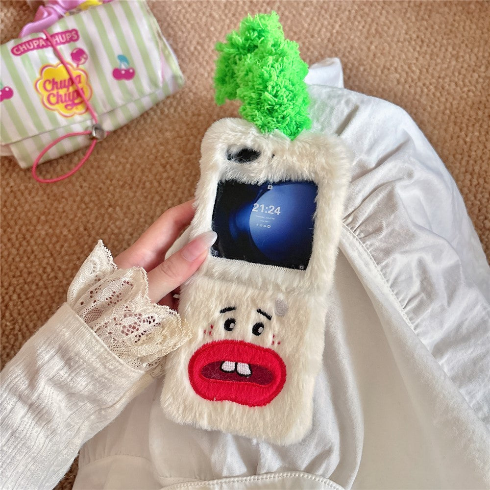 KJS-022 For Samsung Galaxy Z Flip7 FE 5G / Z Flip6 5G Case Bucktooth Green Hair Lens Kickstand Hard PC Warm Plush Phone Cover - White