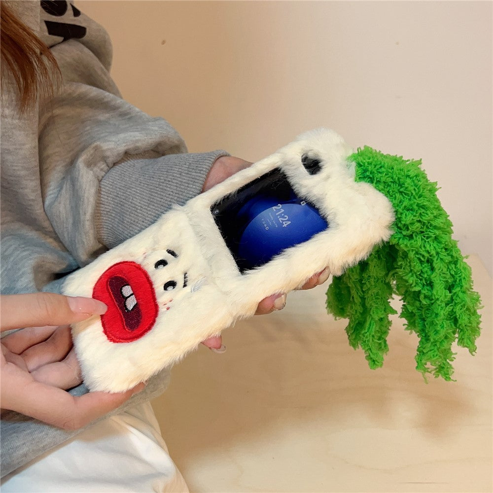 KJS-022 For Samsung Galaxy Z Flip7 FE 5G / Z Flip6 5G Case Bucktooth Green Hair Lens Kickstand Hard PC Warm Plush Phone Cover - White