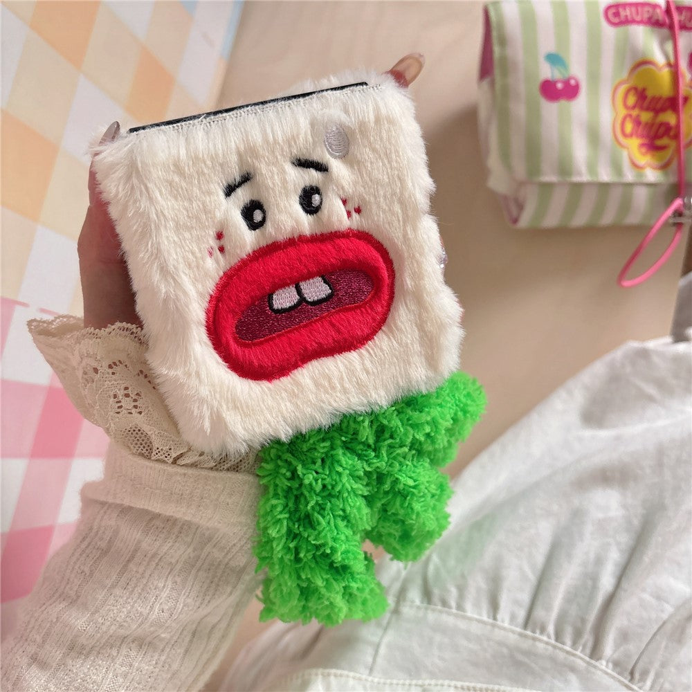 KJS-022 For Samsung Galaxy Z Flip7 FE 5G / Z Flip6 5G Case Bucktooth Green Hair Lens Kickstand Hard PC Warm Plush Phone Cover - White