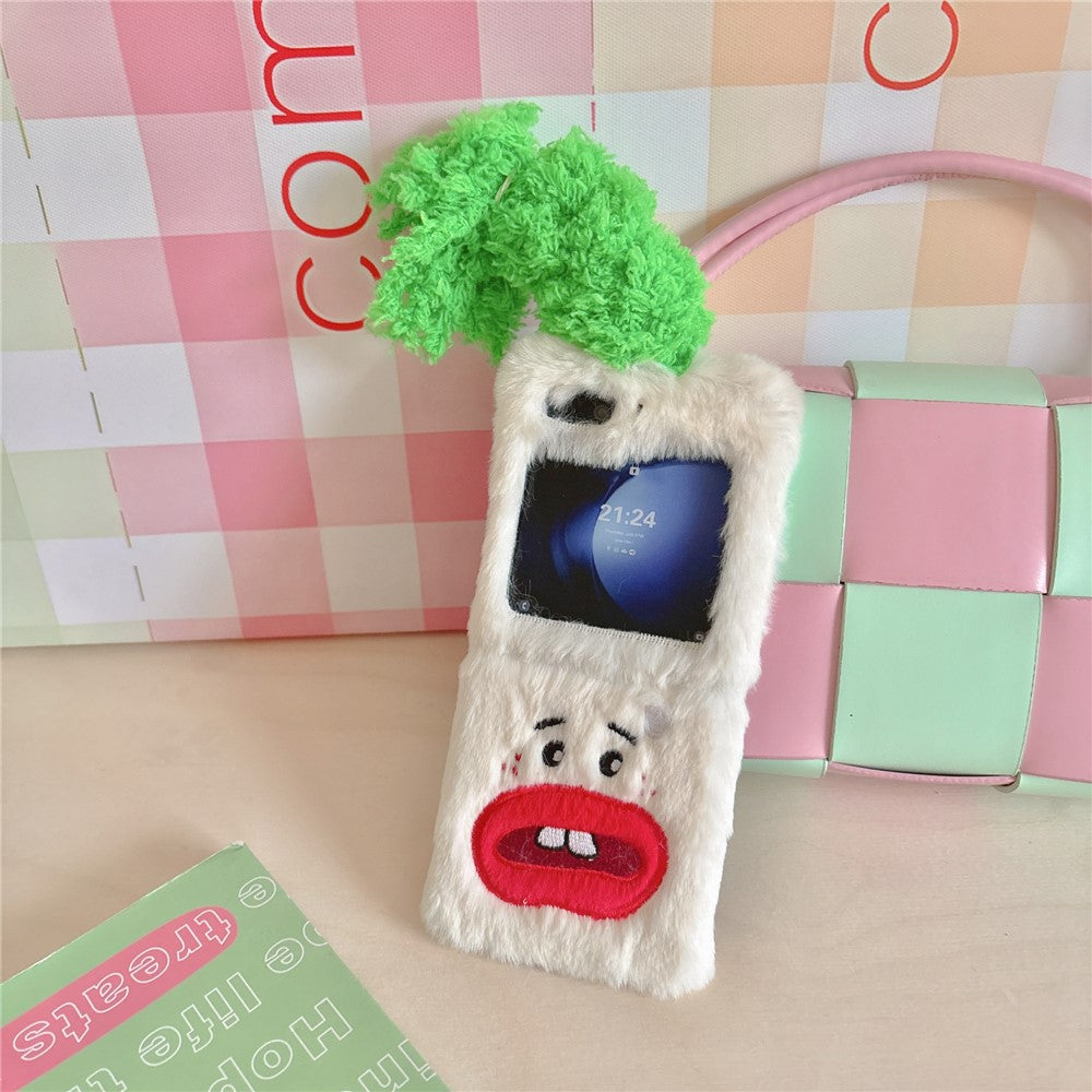 KJS-022 For Samsung Galaxy Z Flip7 FE 5G / Z Flip6 5G Case Bucktooth Green Hair Lens Kickstand Hard PC Warm Plush Phone Cover - White
