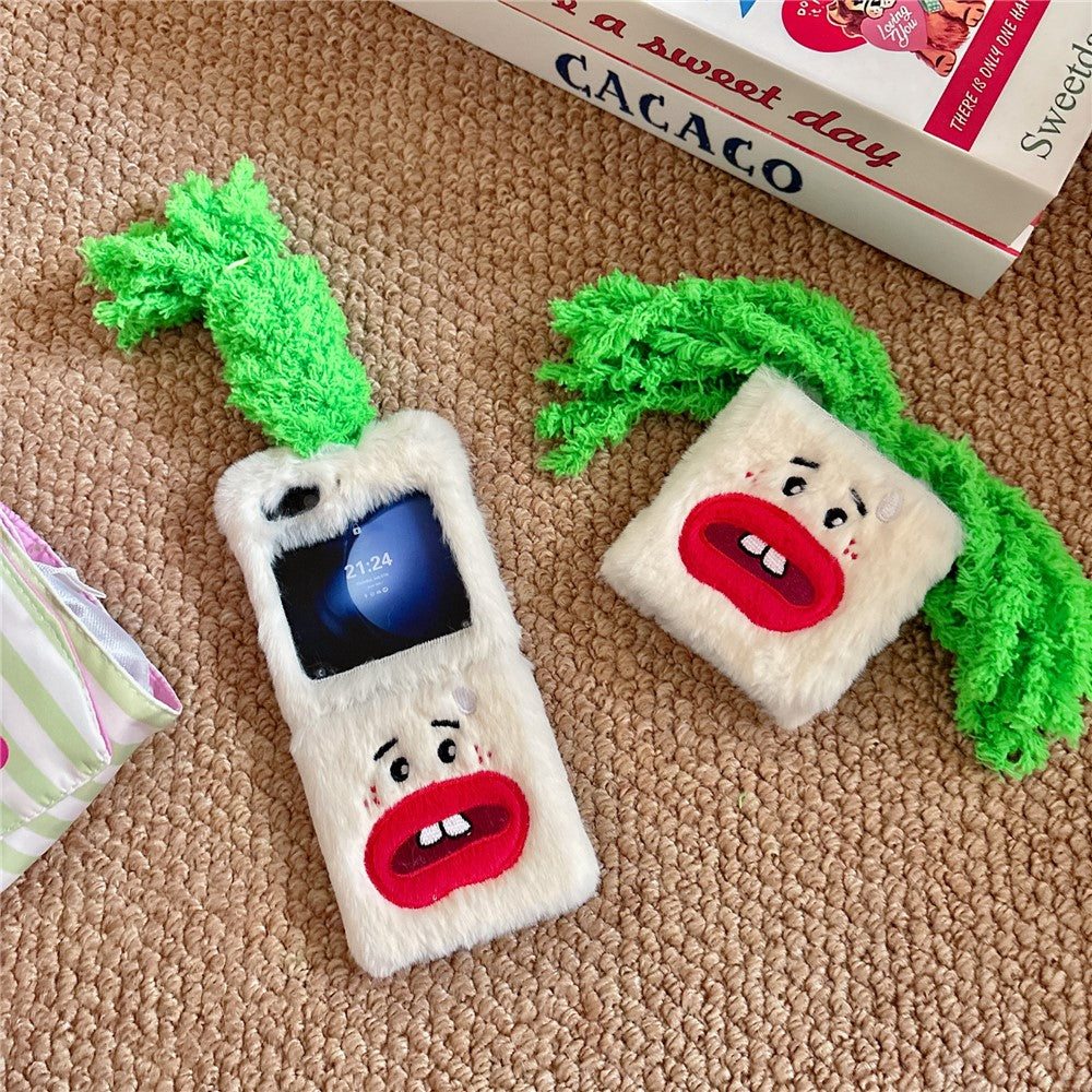 KJS-022 For Samsung Galaxy Z Flip7 FE 5G / Z Flip6 5G Case Bucktooth Green Hair Lens Kickstand Hard PC Warm Plush Phone Cover - White