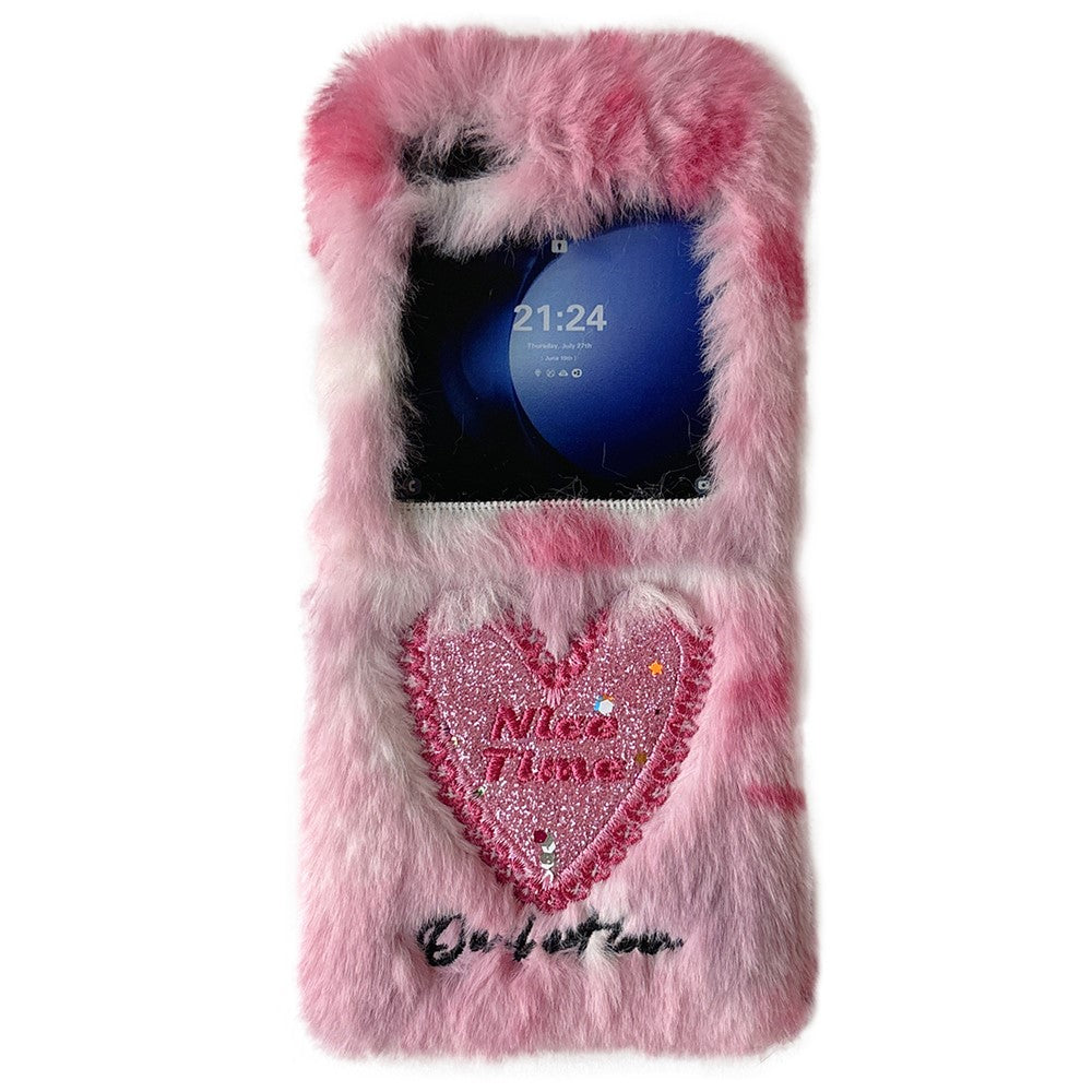KJS-013 For Samsung Galaxy Z Flip7 FE 5G / Z Flip6 5G Case Glitter Heart Hard PC Warm Plush Phone Cover - Pink