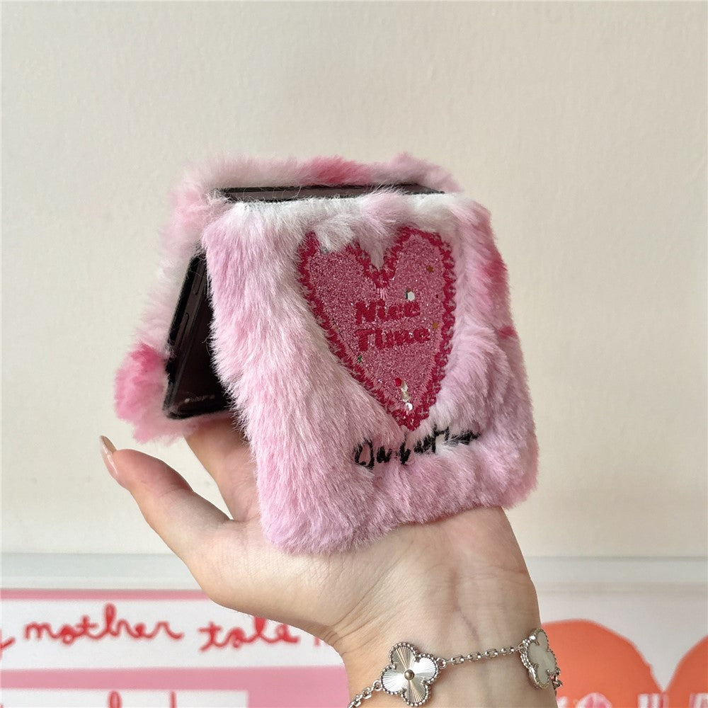 KJS-013 For Samsung Galaxy Z Flip7 FE 5G / Z Flip6 5G Case Glitter Heart Hard PC Warm Plush Phone Cover - Pink