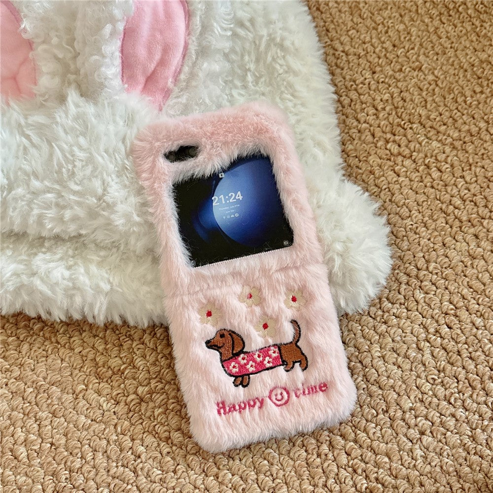 KJS-029 For Samsung Galaxy Z Flip7 FE 5G / Z Flip6 5G Case Embroidered Dachshund Hard PC Plush Furry Phone Cover - Pink