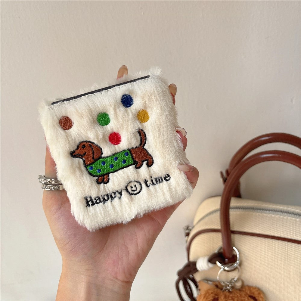 KJS-029 For Samsung Galaxy Z Flip7 FE 5G / Z Flip6 5G Case Embroidered Dachshund Hard PC Plush Furry Phone Cover - White