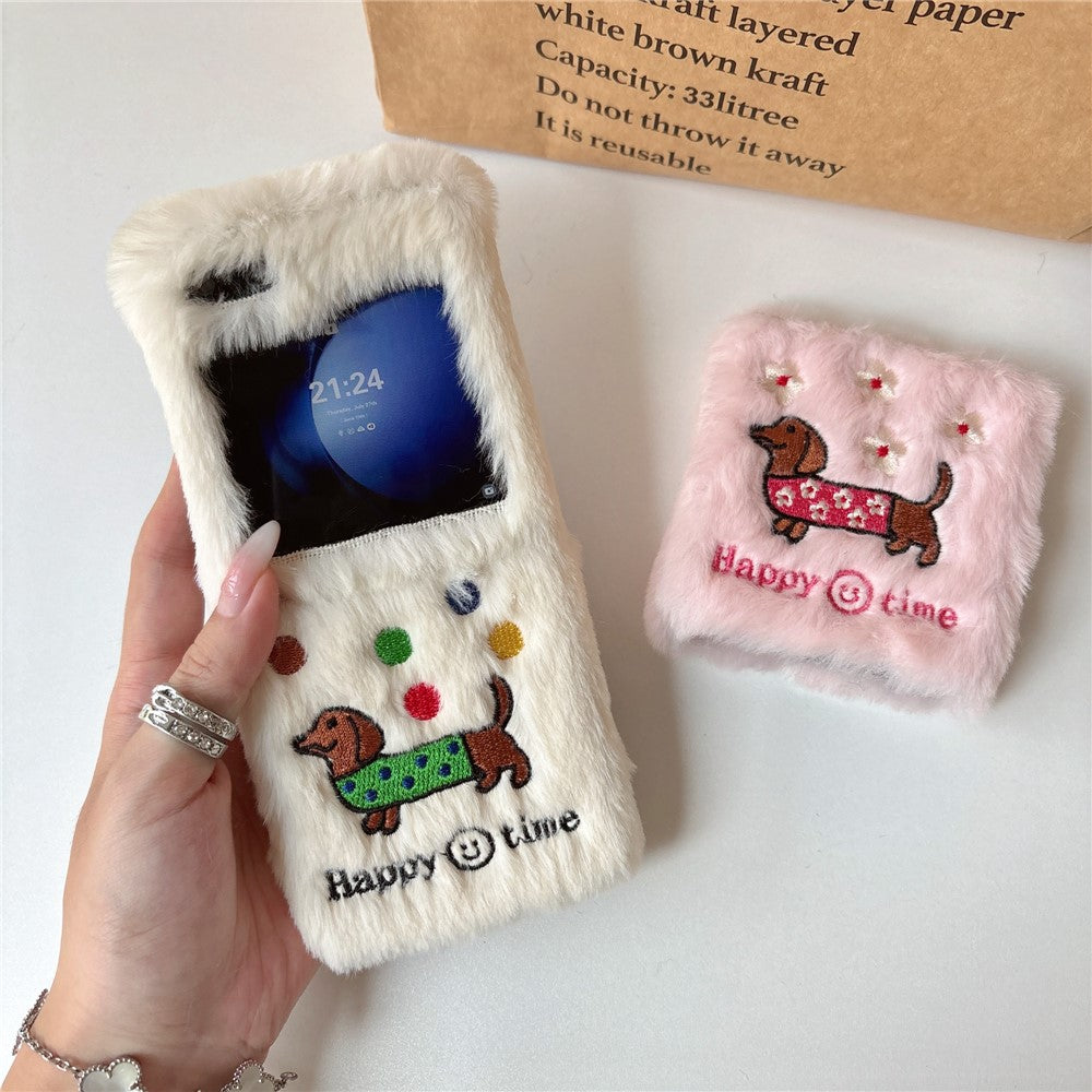 KJS-029 For Samsung Galaxy Z Flip7 FE 5G / Z Flip6 5G Case Embroidered Dachshund Hard PC Plush Furry Phone Cover - White