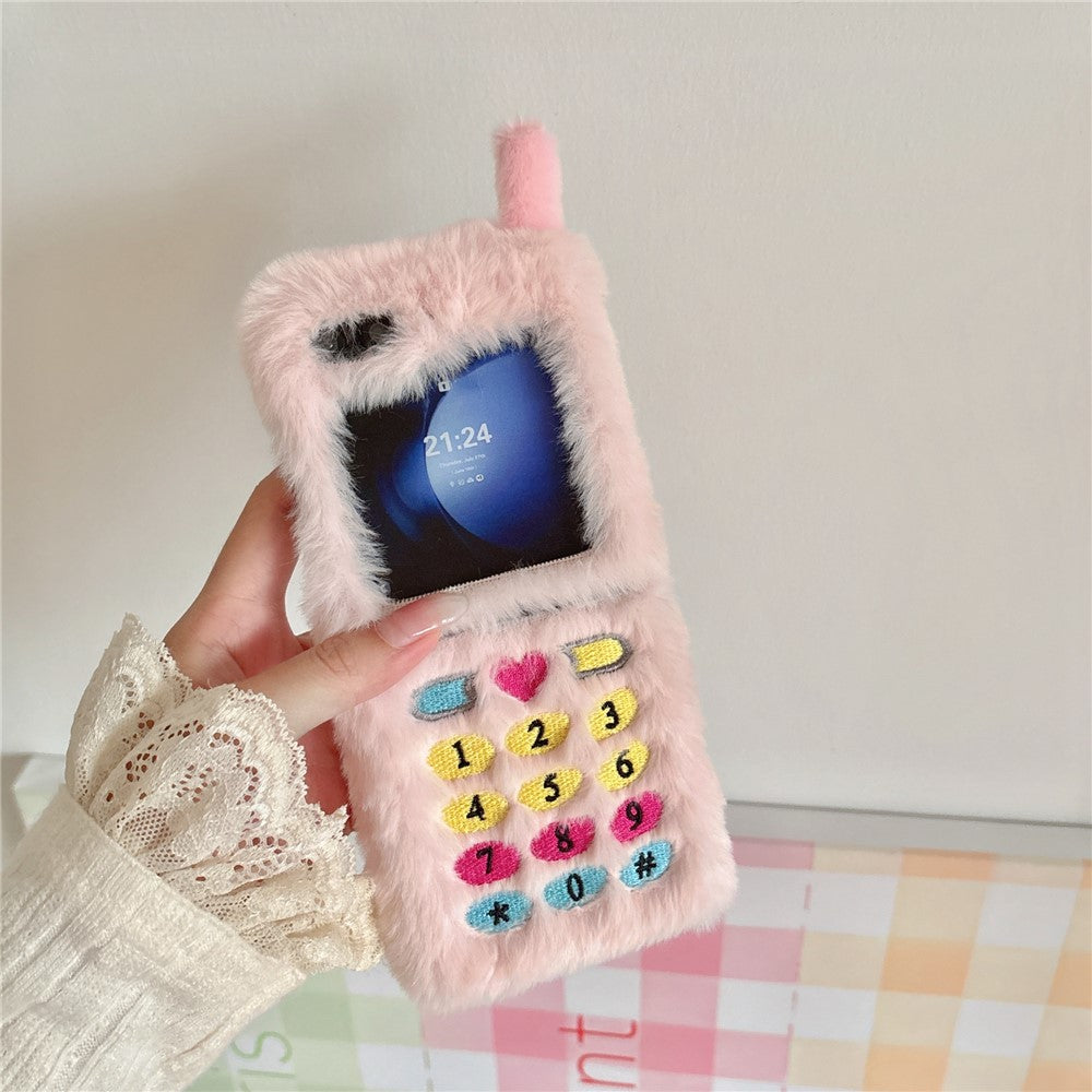 KJS-004 For Samsung Galaxy Z Flip7 FE 5G / Z Flip6 5G Case Retro Phone Style Embroidered Dial Keys Hard PC Warm Plush Phone Cover - Pink