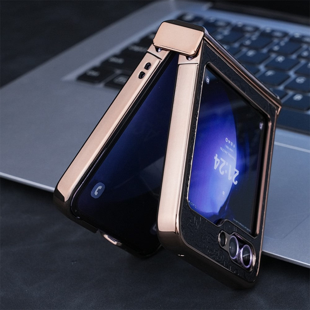 For Samsung Galaxy Z Flip7 FE 5G / Z Flip6 5G Case Hinge Protection Loong Textured Leather+PC Electroplating Phone Cover - Dark Green