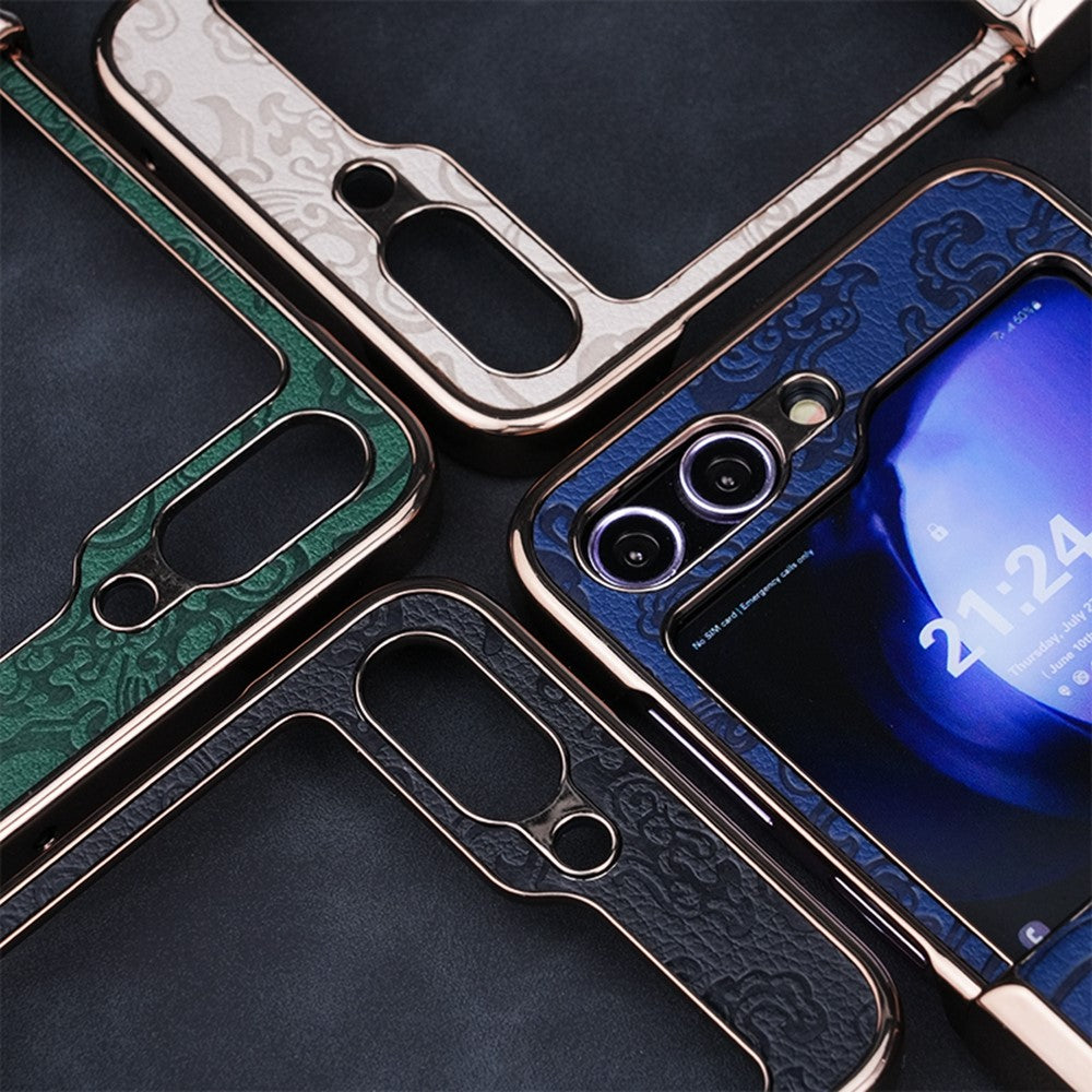 For Samsung Galaxy Z Flip7 FE 5G / Z Flip6 5G Case Hinge Protection Loong Textured Leather+PC Electroplating Phone Cover - Dark Green