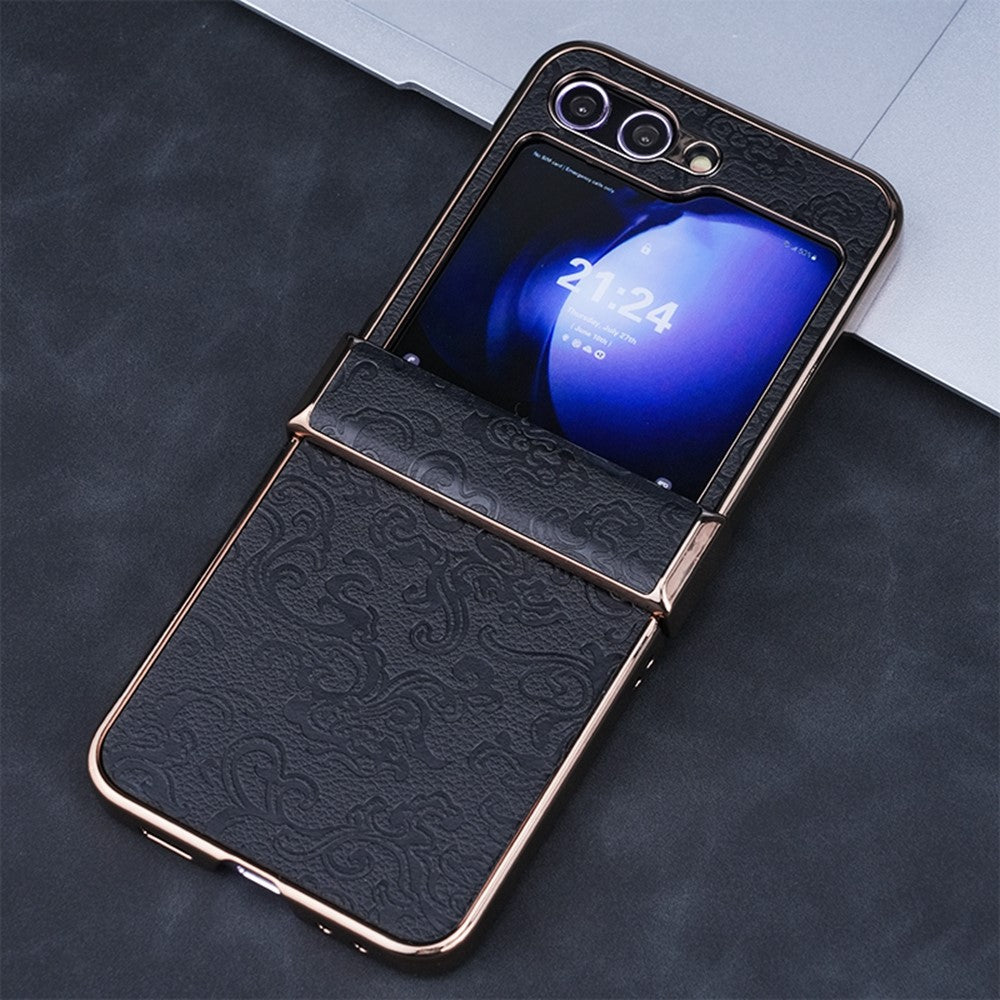 For Samsung Galaxy Z Flip7 FE 5G / Z Flip6 5G Case Hinge Protection Loong Textured Leather+PC Electroplating Phone Cover - Brown