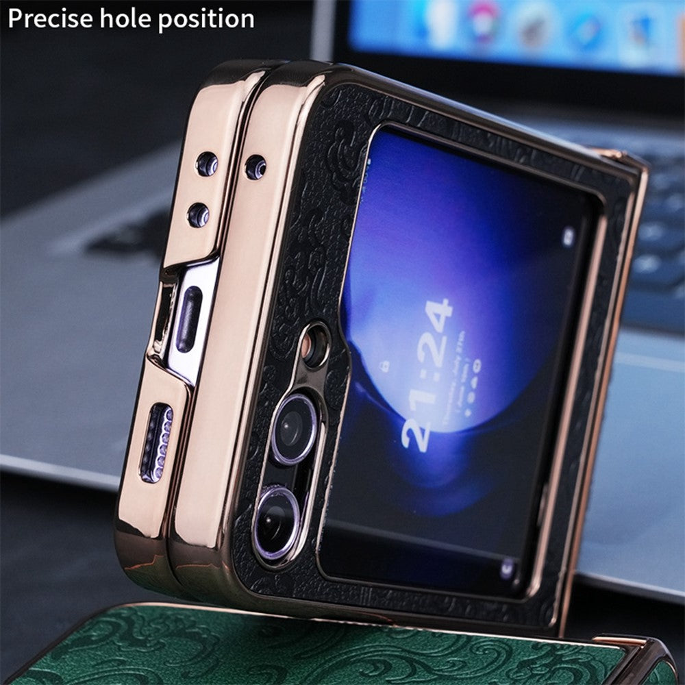 For Samsung Galaxy Z Flip7 FE 5G / Z Flip6 5G Case Hinge Protection Loong Textured Leather+PC Electroplating Phone Cover - Brown