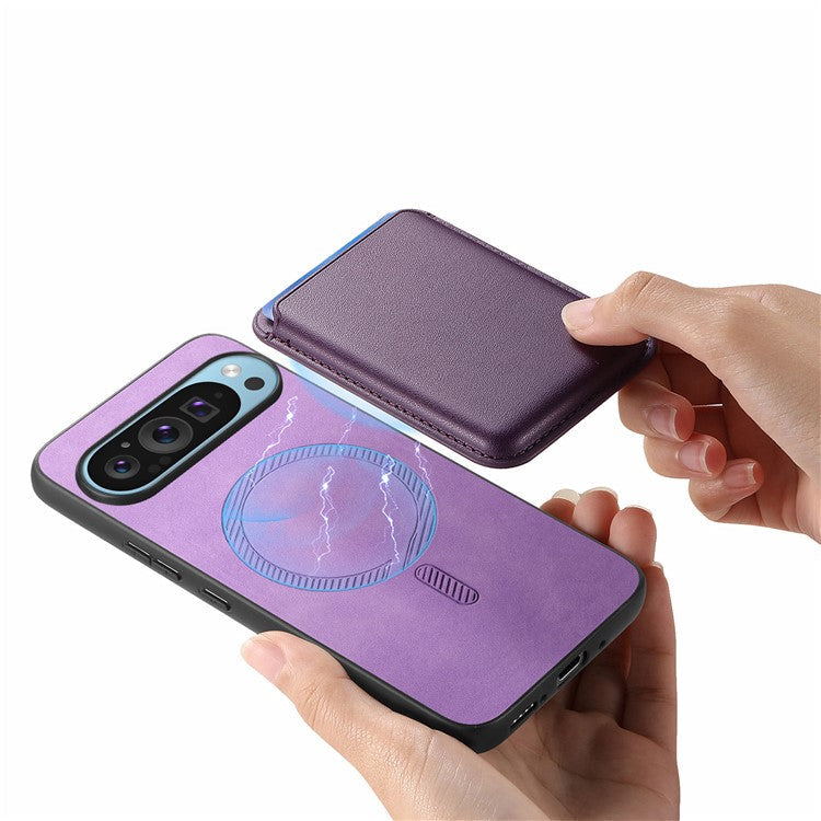 For Google Pixel 9 Pro XL Case Detachable Magnetic Card Bag Leather+TPU Phone Cover - Purple