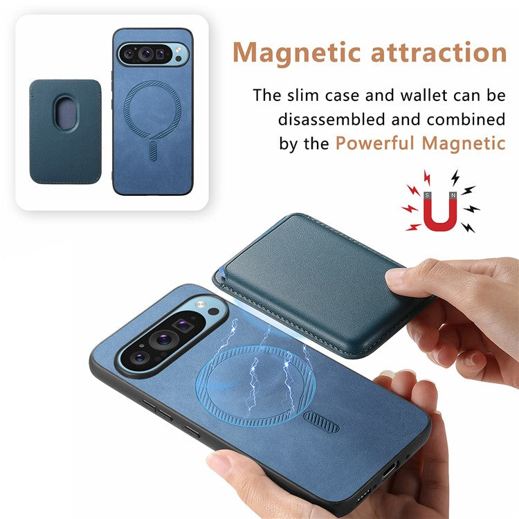 For Google Pixel 9 Pro XL Case Detachable Magnetic Card Bag Leather+TPU Phone Cover - Brown