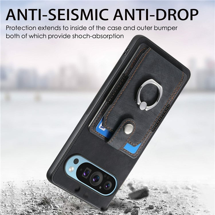 For Google Pixel 9 Pro XL Case Kickstand Leather+TPU Non-Slip Protective Cover Card Slots - Black