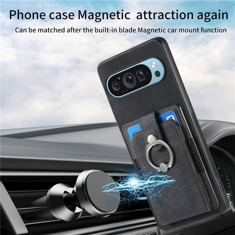 For Google Pixel 9 Pro XL Case Kickstand Leather+TPU Non-Slip Protective Cover Card Slots - Black