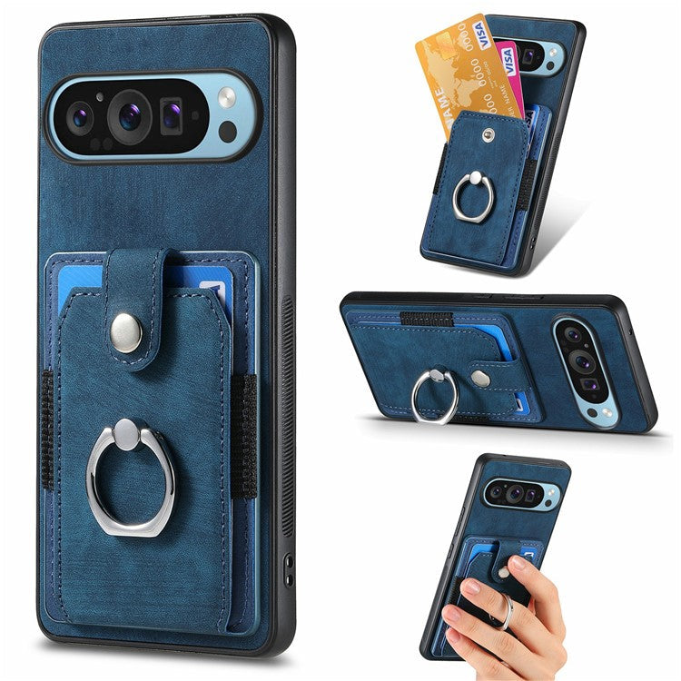 For Google Pixel 9 Pro XL Case Kickstand Leather+TPU Non-Slip Protective Cover Card Slots - Blue