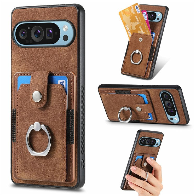 For Google Pixel 9 Pro XL Case Kickstand Leather+TPU Non-Slip Protective Cover Card Slots - Brown