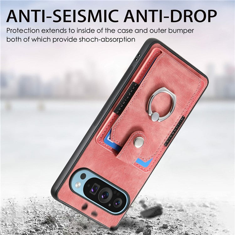 For Google Pixel 9 Pro XL Case Kickstand Leather+TPU Non-Slip Protective Cover Card Slots - Pink